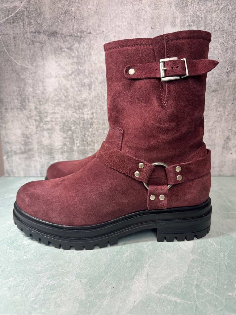 Miz Mooz Lauren Burgundy Suede Buckle Harness Boots Size 8.5